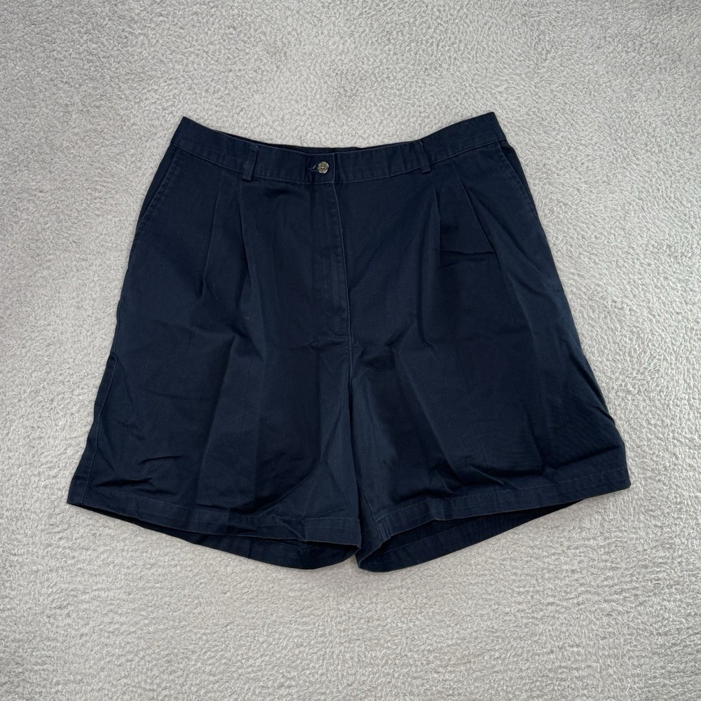 LL Bean Navy Blue Pleated Chino Shorts Womens 18 High Rise Cotton Blend 0PC34